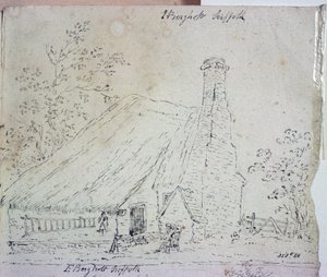 Cottage in East Bergholt, met een bewoner door John Constable